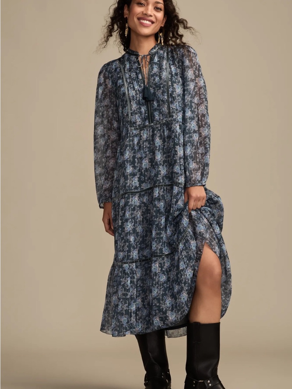 Blue Floral Tiered Long-Sleeve Midi Dress